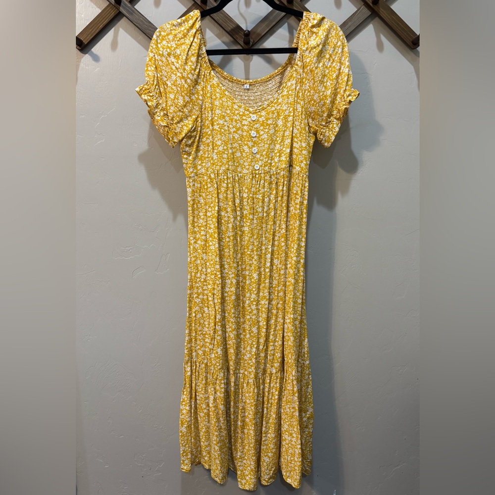 Yellow Floral Midi Dress with Button Front